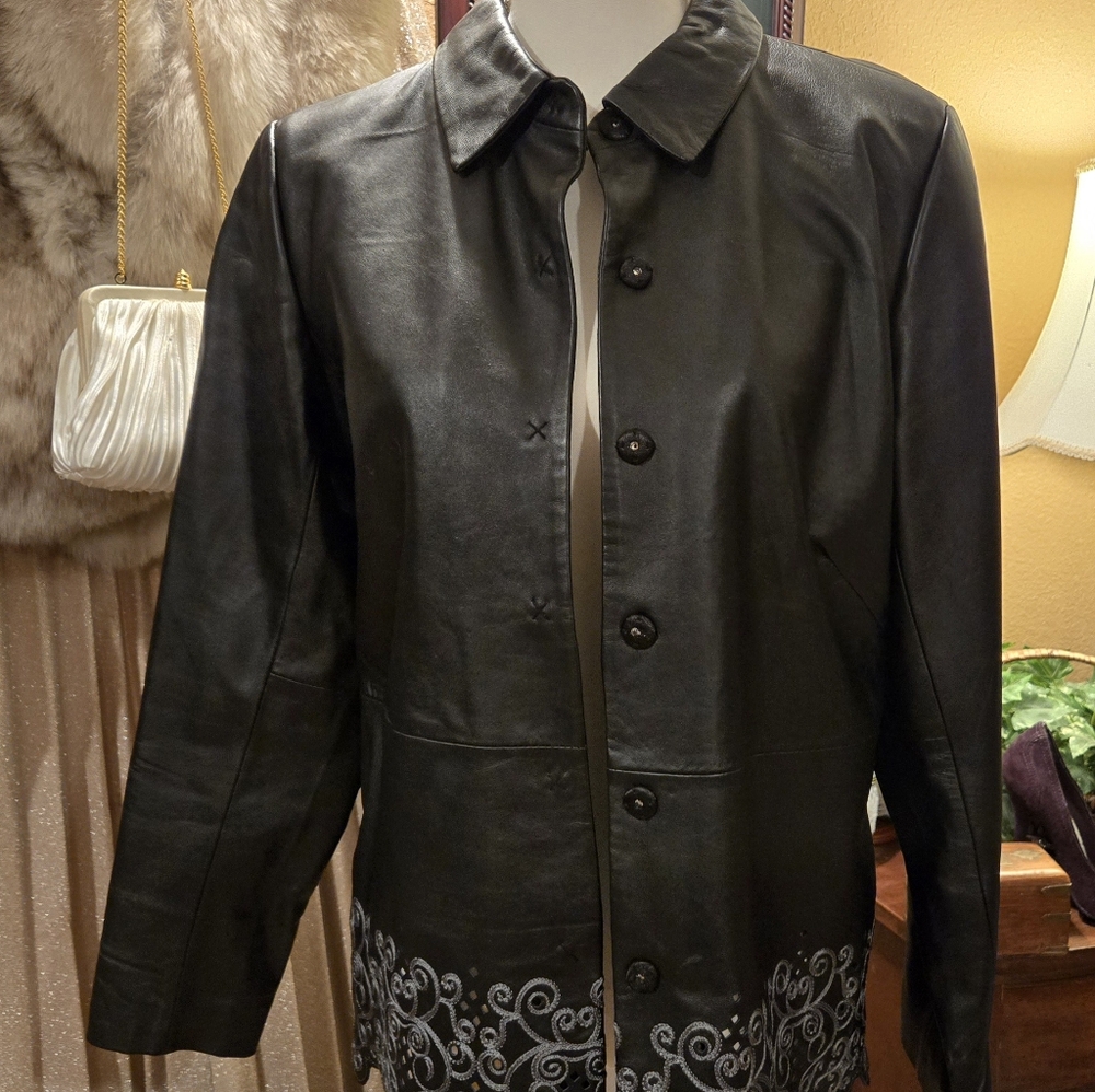 Denim & Co.  Black Leather Embroidered Jacket